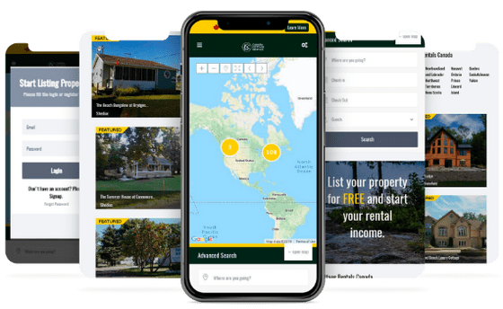 Mobile views of Canada-Cottage-Rentals.com, a vacation rental marketplace app created by Cappers.