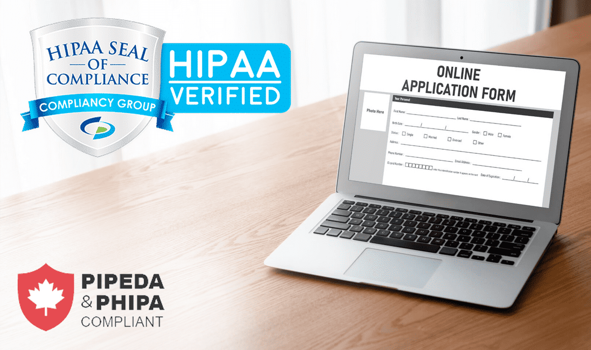 Laptop on a table with HIPAA Compliance seal